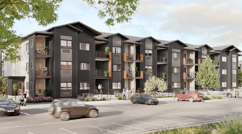 a rendering of an apartment building on a city street